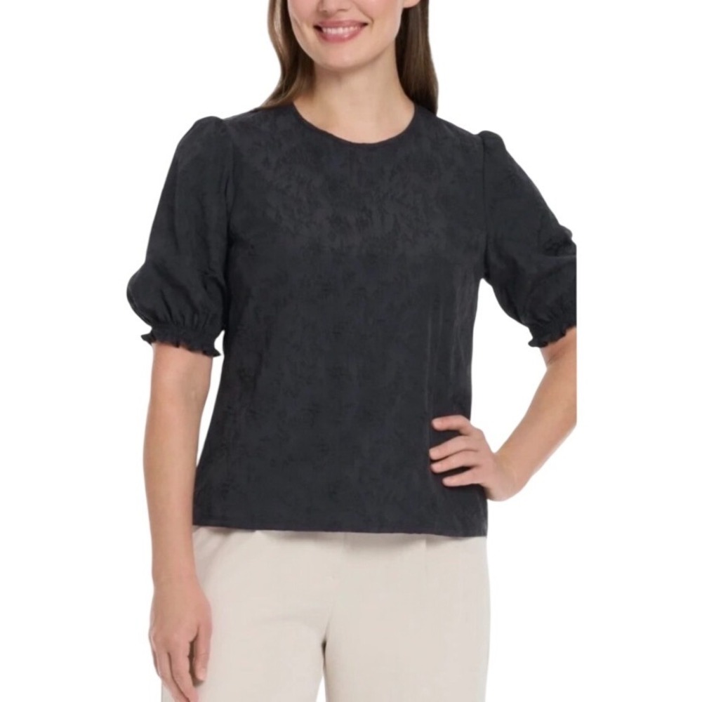 Ted Baker Black Floral Jacquard Puff Sleeve Blouse Romantic Cottage Size M